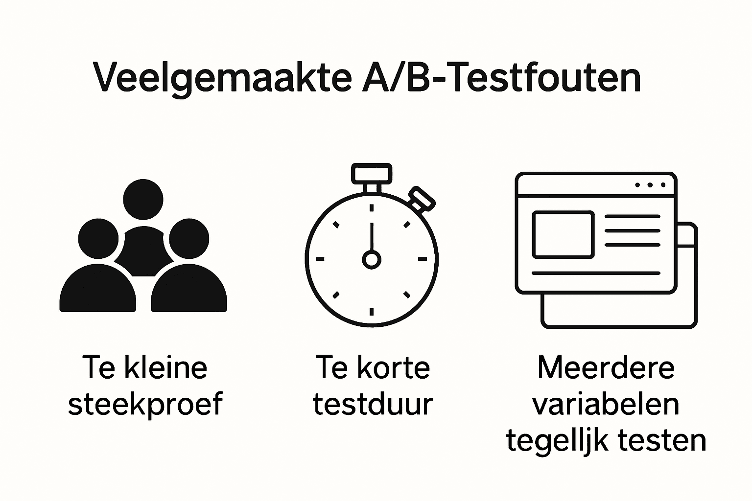 Infographic met drie pictogrammen die veelgemaakte fouten bij A/B testen tonen: te kleine steekproef, te korte testduur, en te veel variabelen.