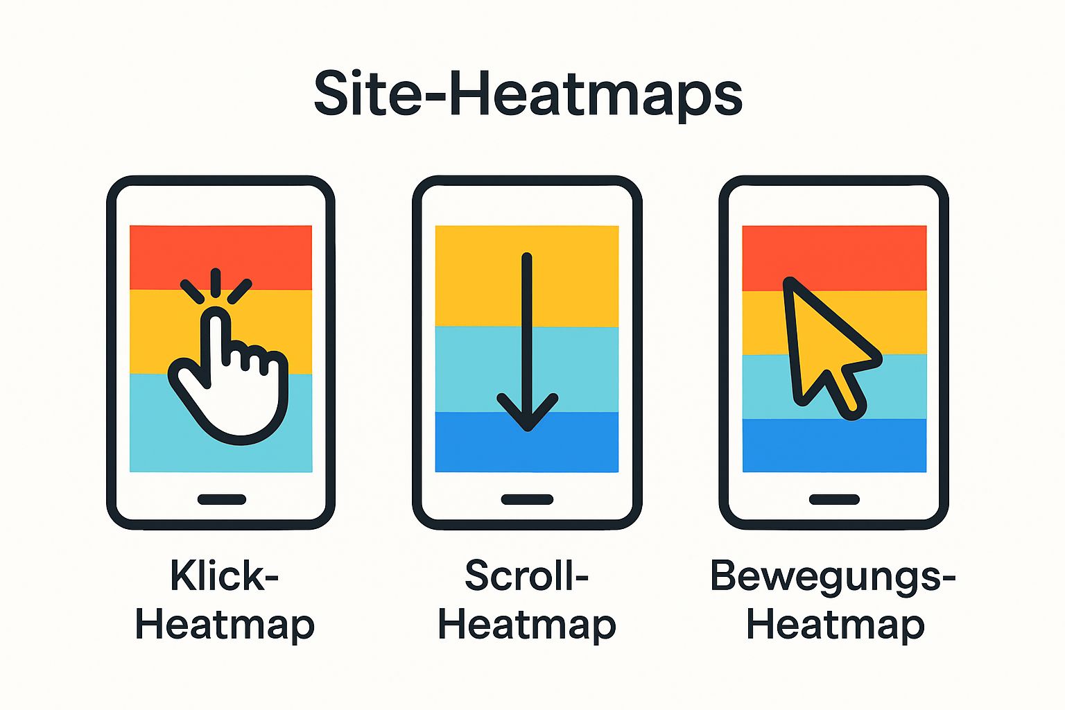 Infografik mit 3 Typen von Site Heat Maps: Klick, Scroll, Bewegung