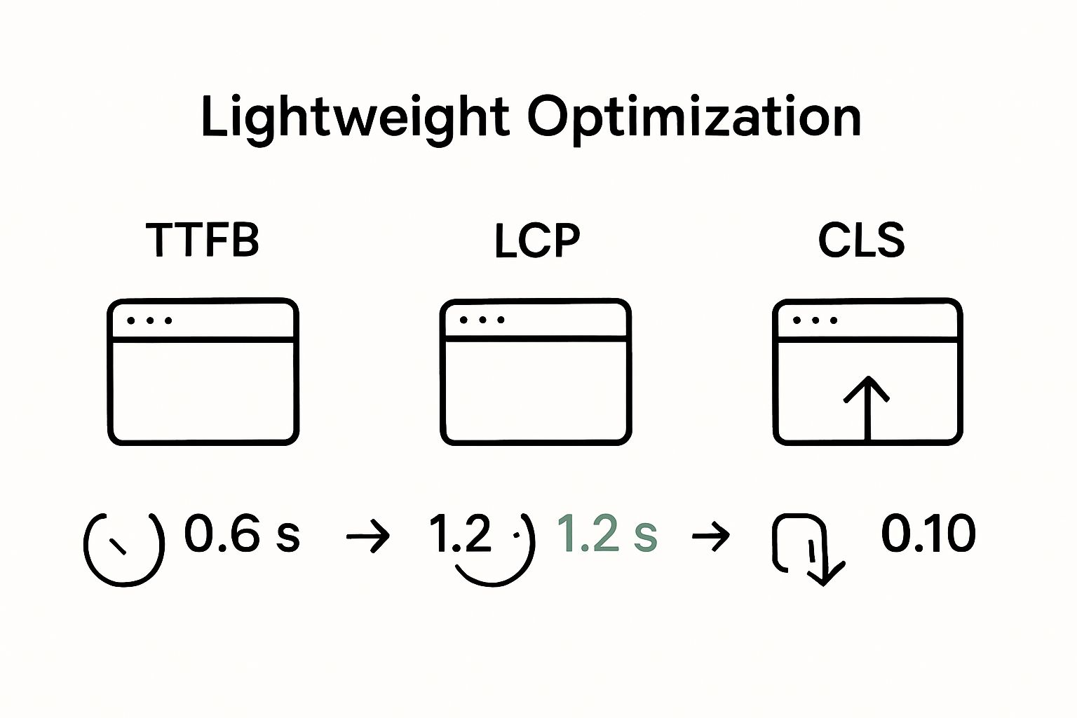 Infographic comparing three website performance metrics before and after optimization