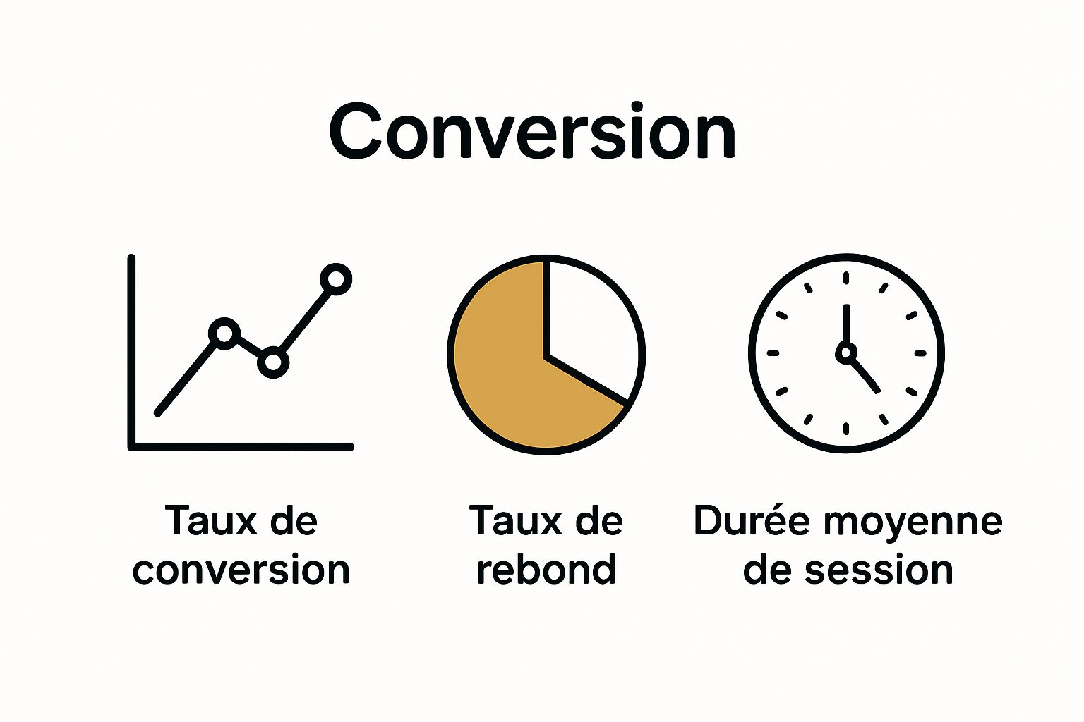 Infographic showing three key conversion metrics: conversion rate, bounce rate, session duration