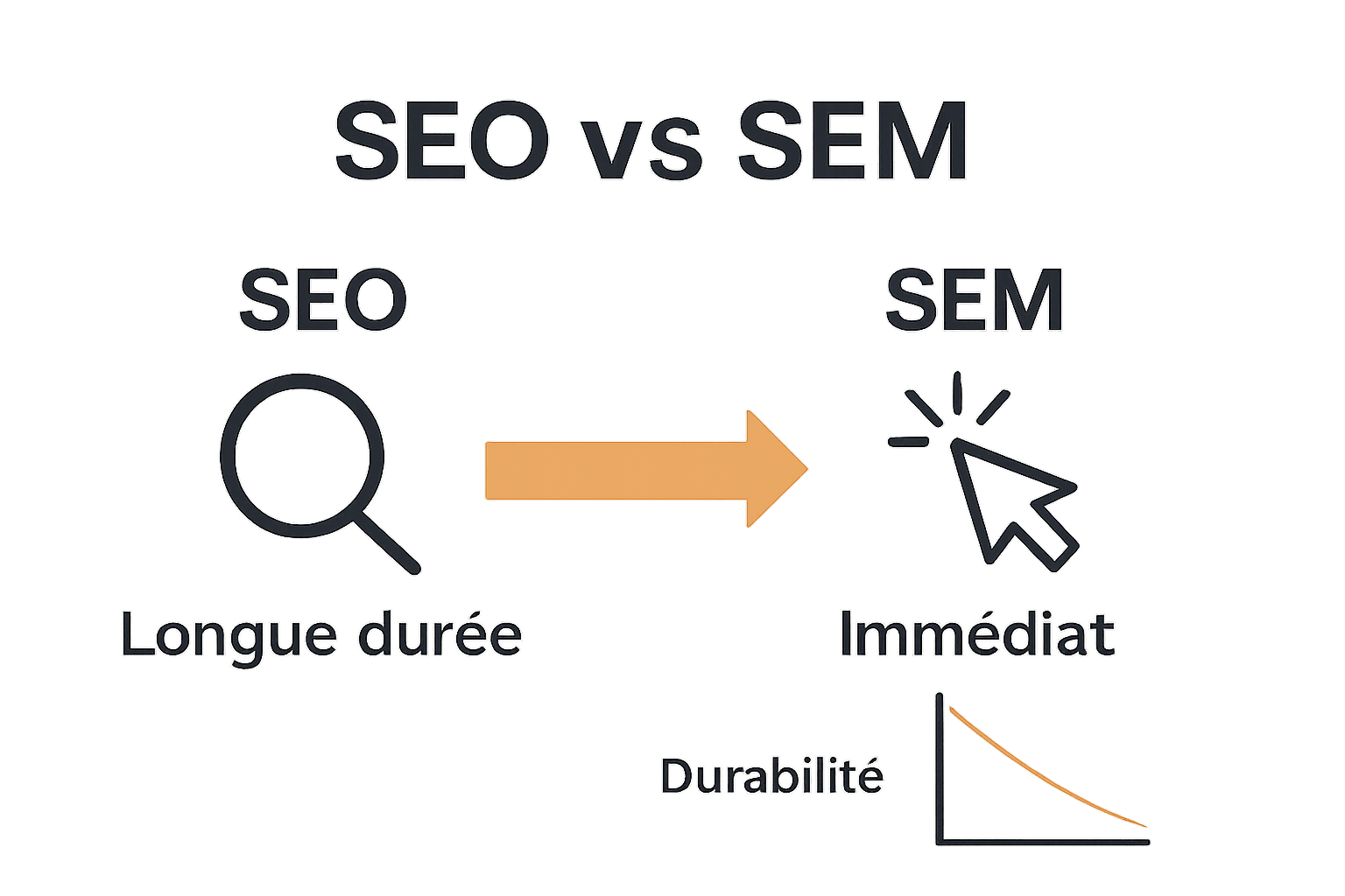 Infographie comparaison SEO et SEM : icônes, flèches, chronologie