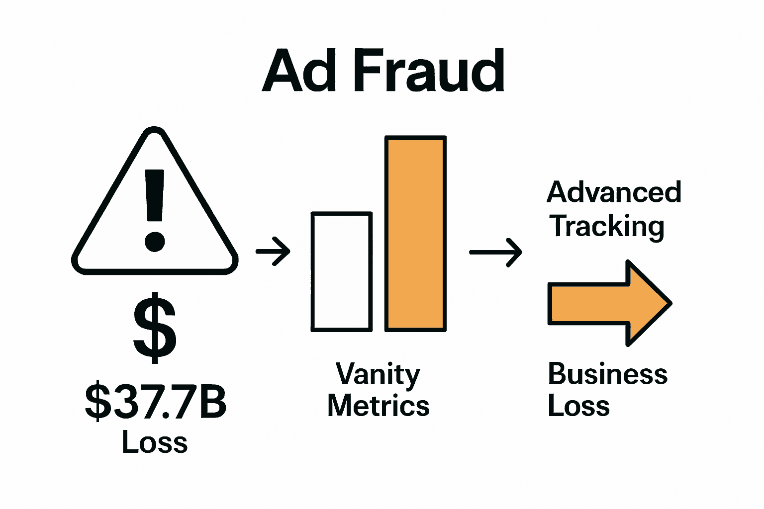 Infographic showing ad fraud losses, vanity vs revenue metrics, and process path.