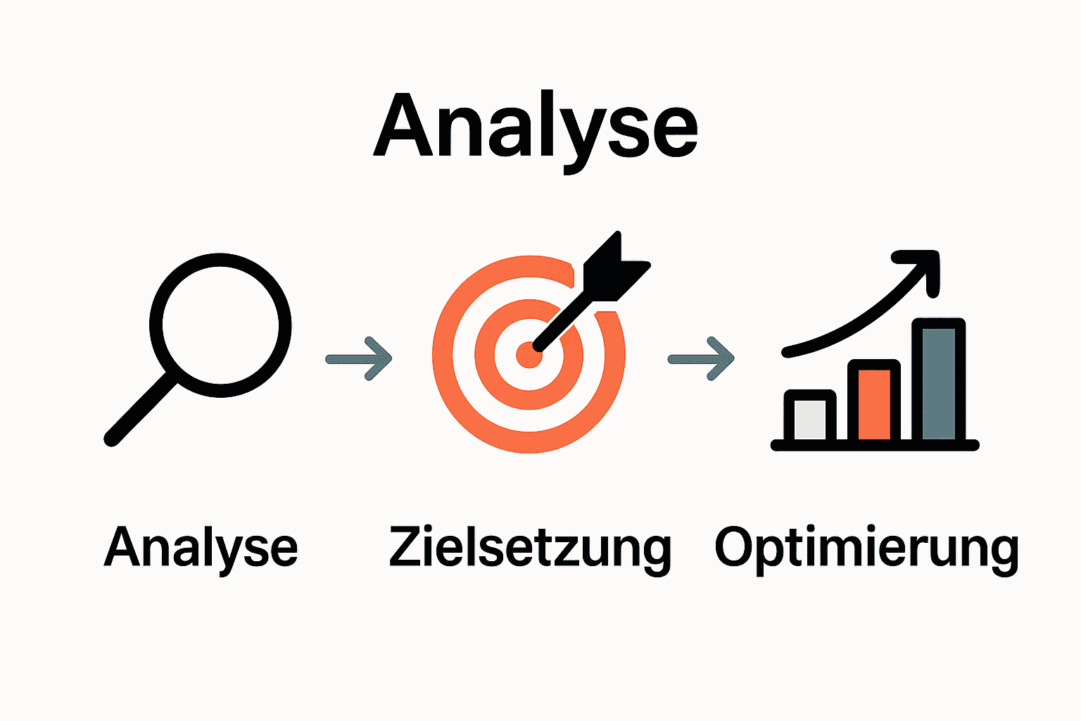Infografik mit drei Schritten: Analyse, Zielsetzung, Optimierung