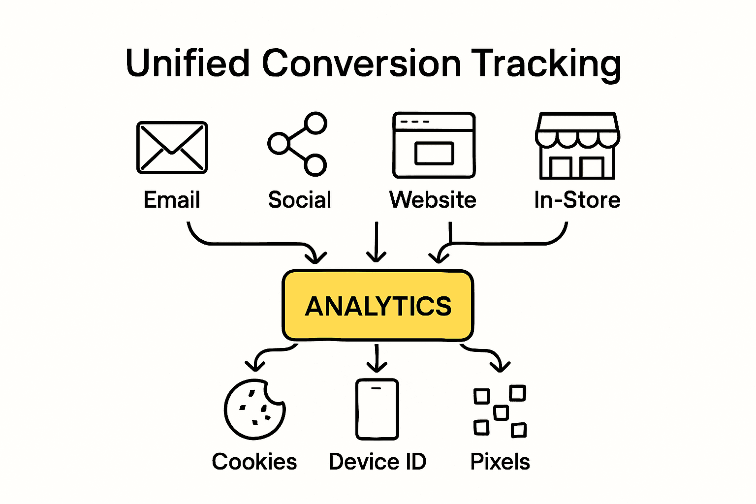 Infographic showing connected marketing channels feeding data to a unified analytics dashboard for conversion tracking.