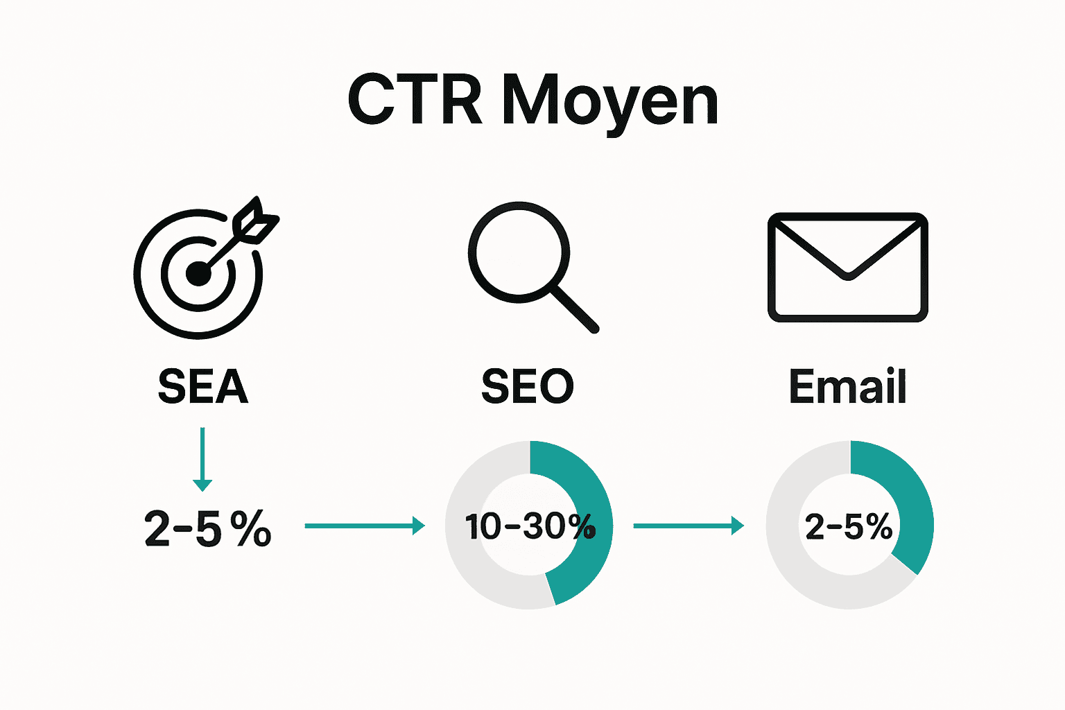 Comparaison visuelle des taux de clic moyens entre SEA, SEO et Email.
