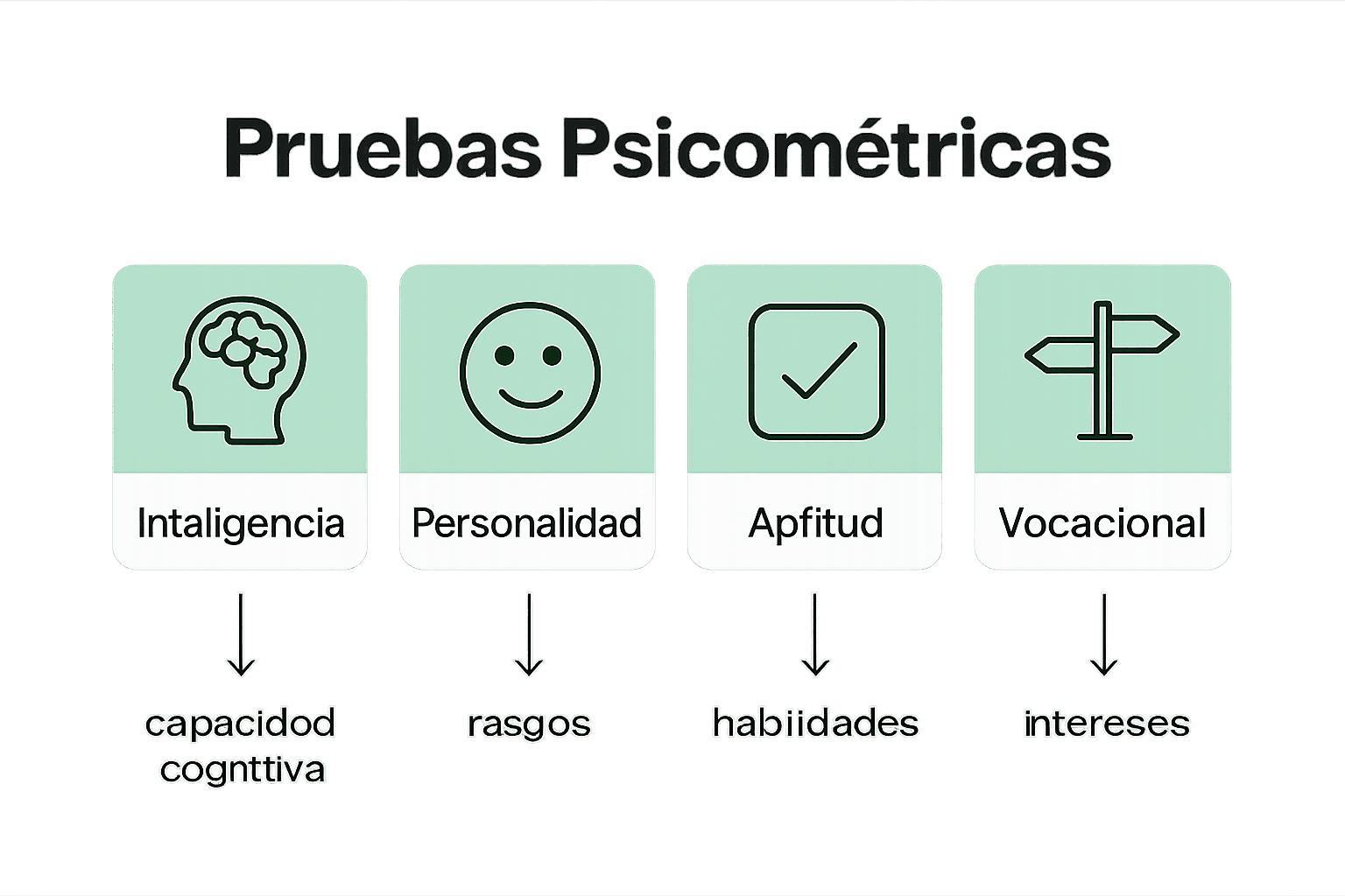 Infografía: comparación de tipos de pruebas psicométricas (inteligencia, personalidad, aptitud, vocacional)