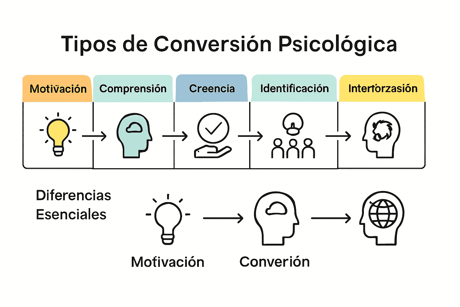 Infografía comparando seis tipos de conversión psicológica