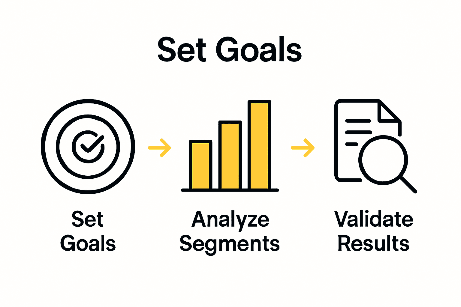 Infographic showing steps: set goals, analyze segments, validate A/B test results