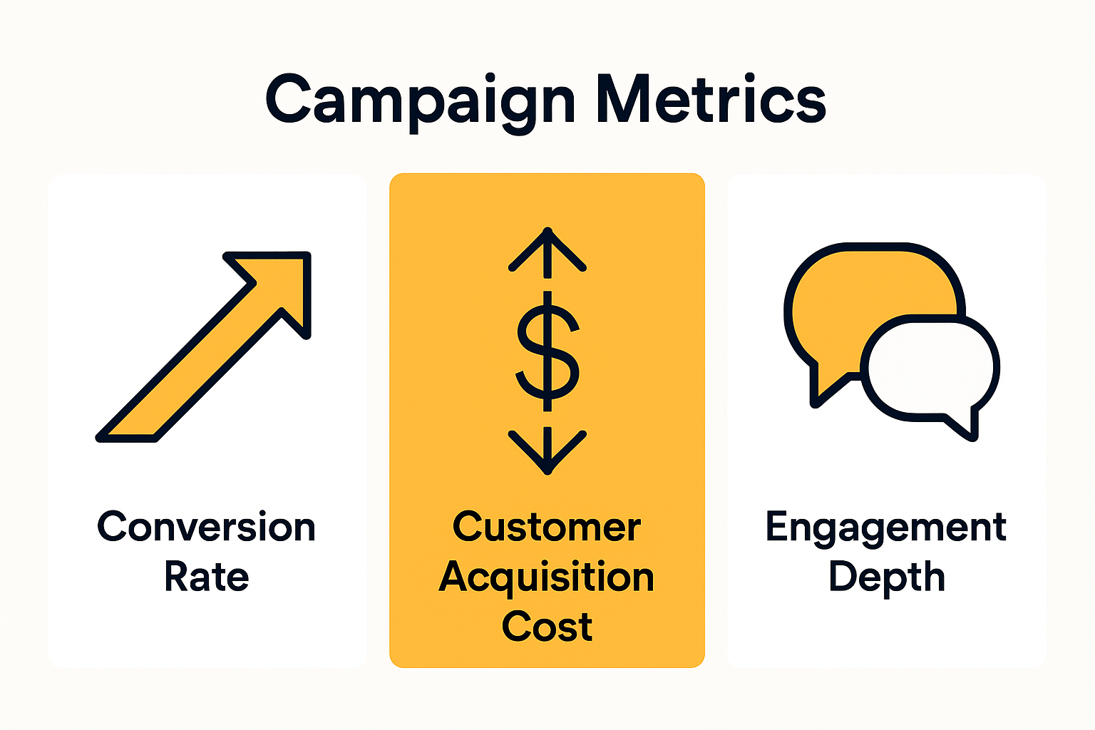 Infographic comparing digital marketing campaign metrics: conversion rate, acquisition cost, engagement depth.