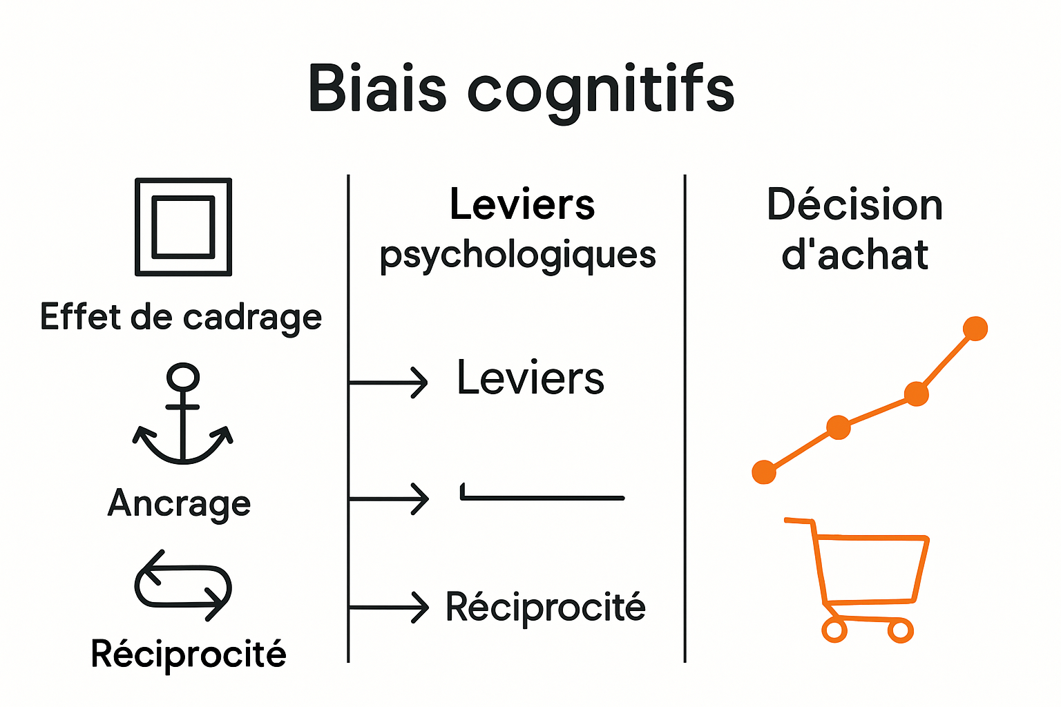 Infographie comparant biais cognitifs et leviers marketing