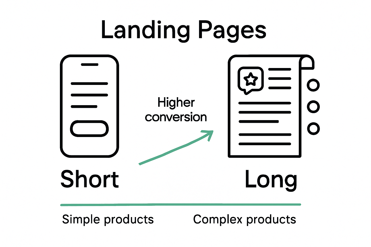 Infographic comparing short and long landing page elements and ideal usage.