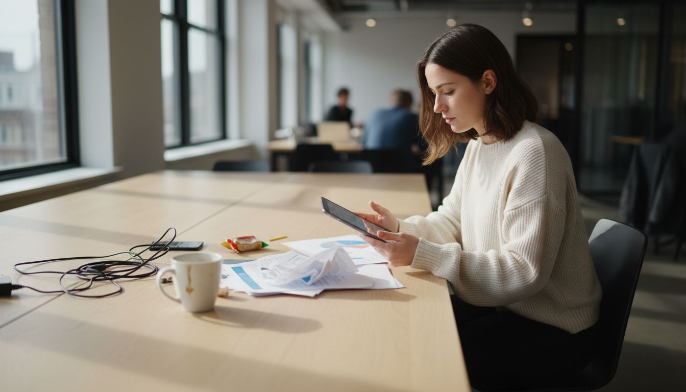 Woman comparing printed charts with tablet
