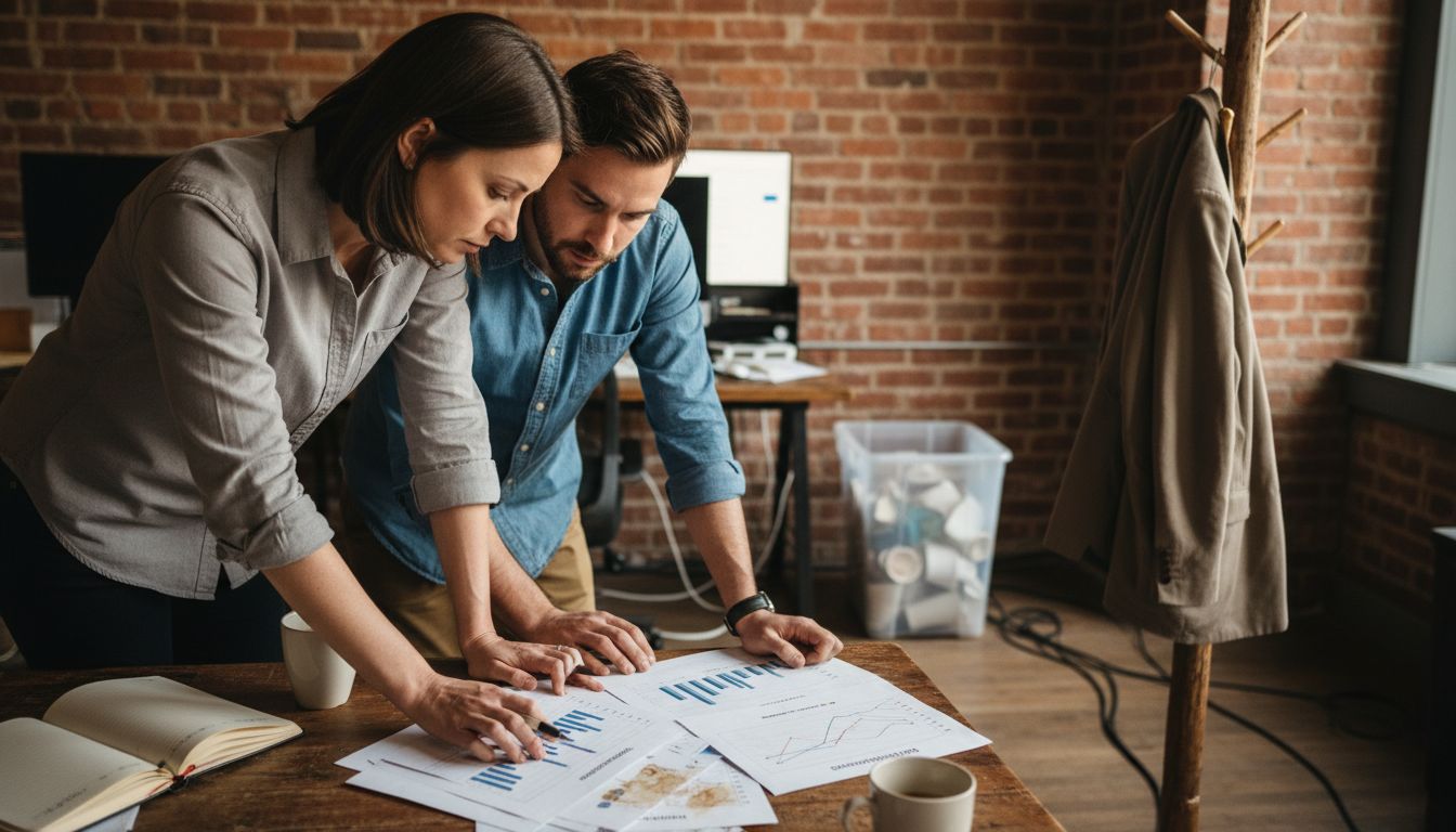 Coworkers studying sales funnel documents