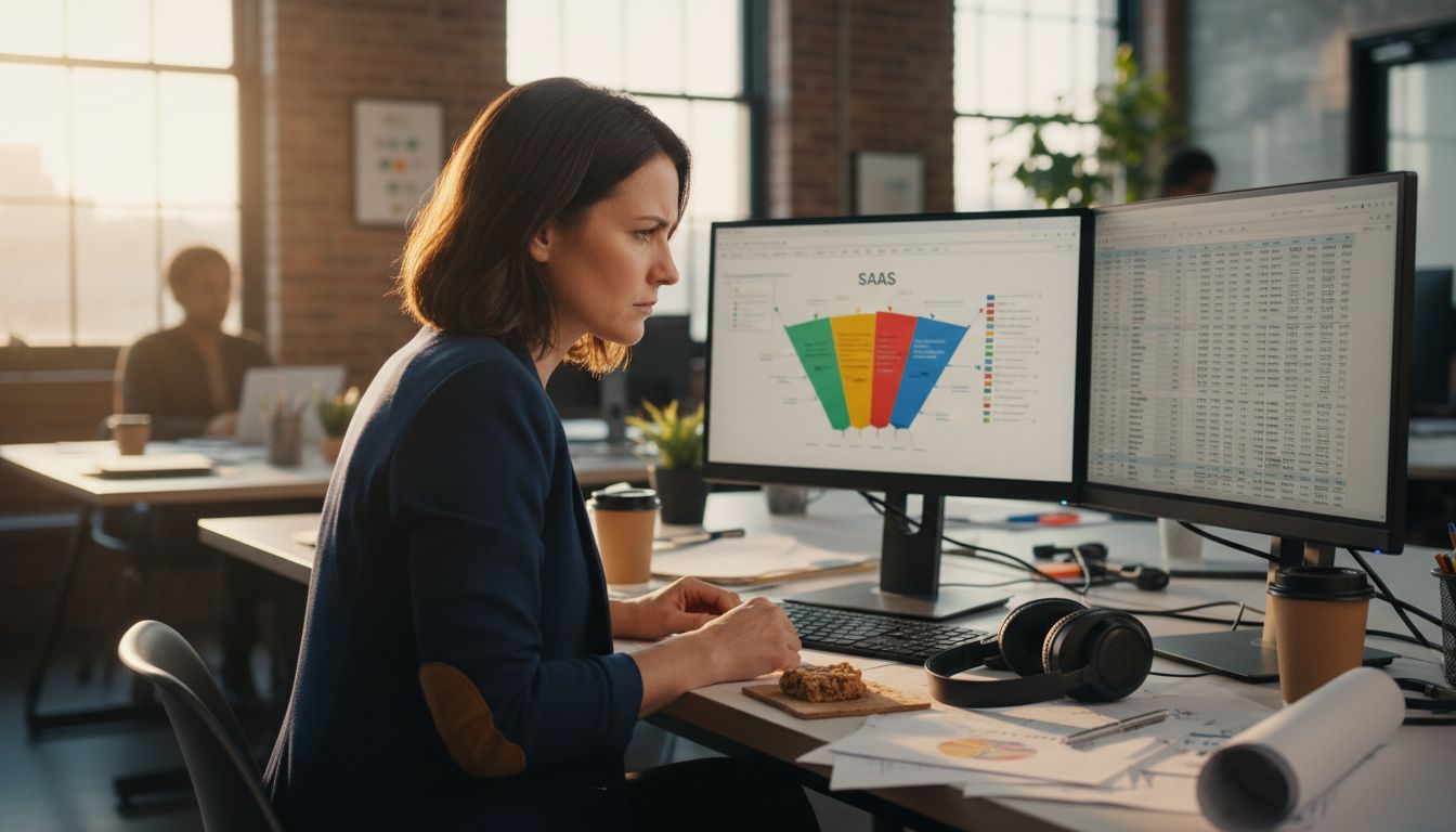 SaaS manager examines funnel on monitors