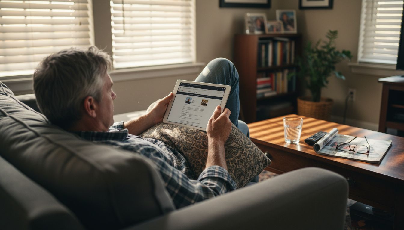 Man attending video therapy session on sofa