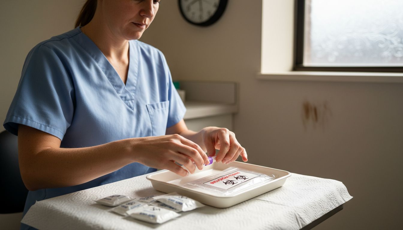 Nurse preparing HIV blood test supplies