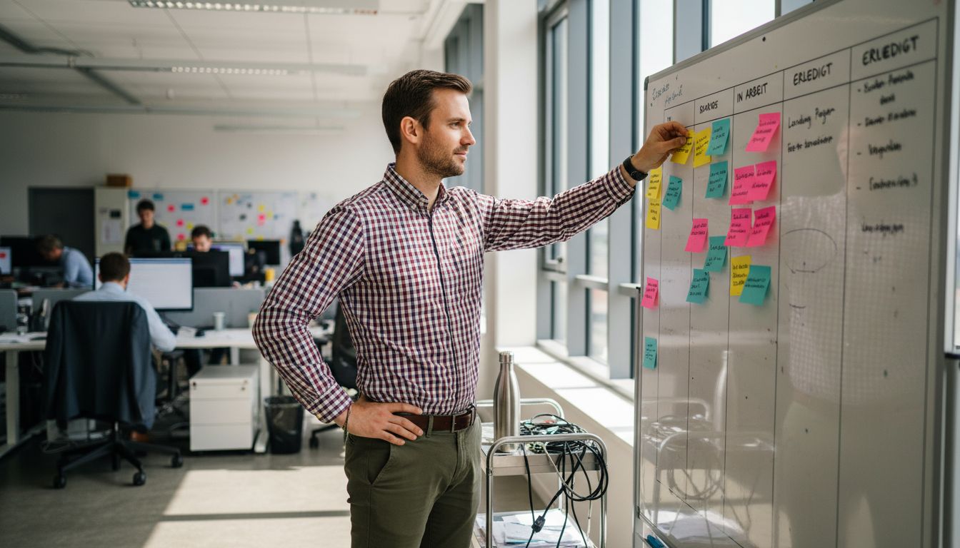 Ein Marketing-Mitarbeiter aktualisiert das physische Scrum-Board im Büro.