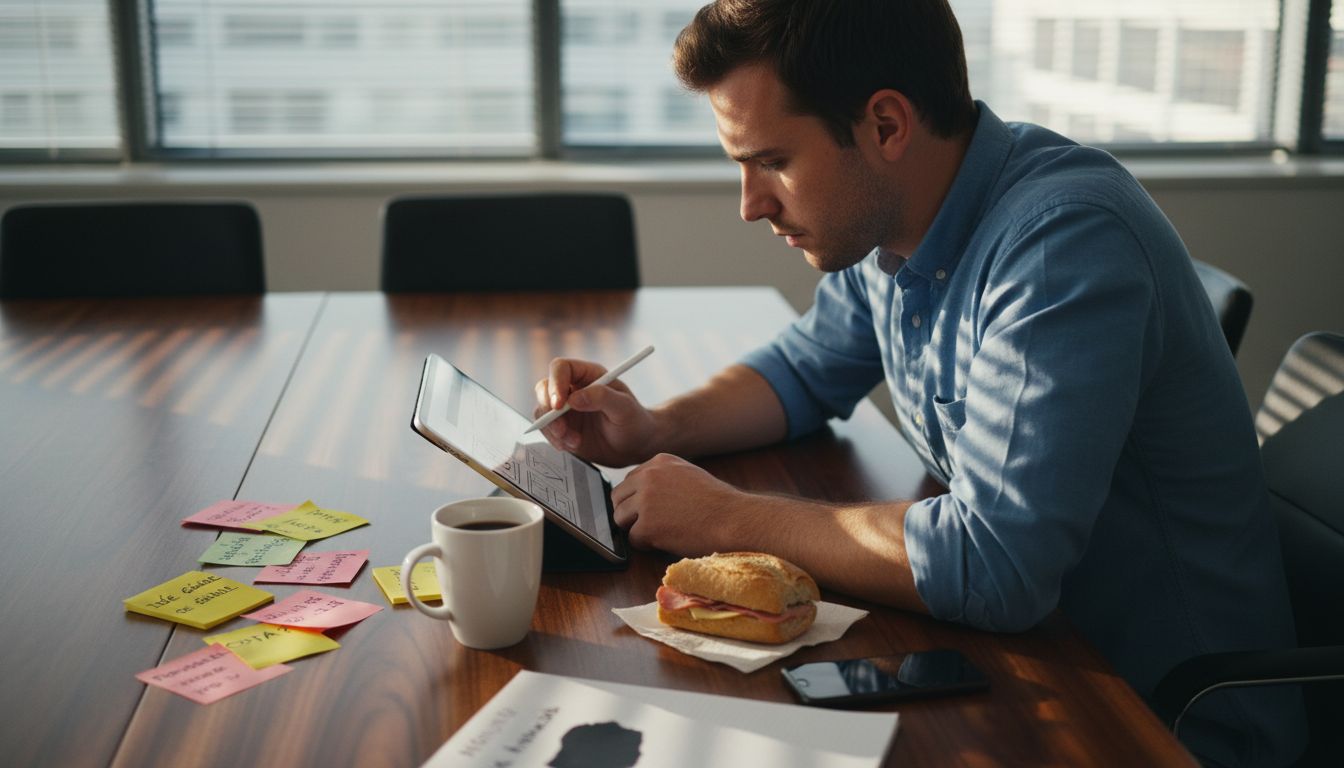 Un marketeur en pleine création sur sa tablette, installé à son bureau.