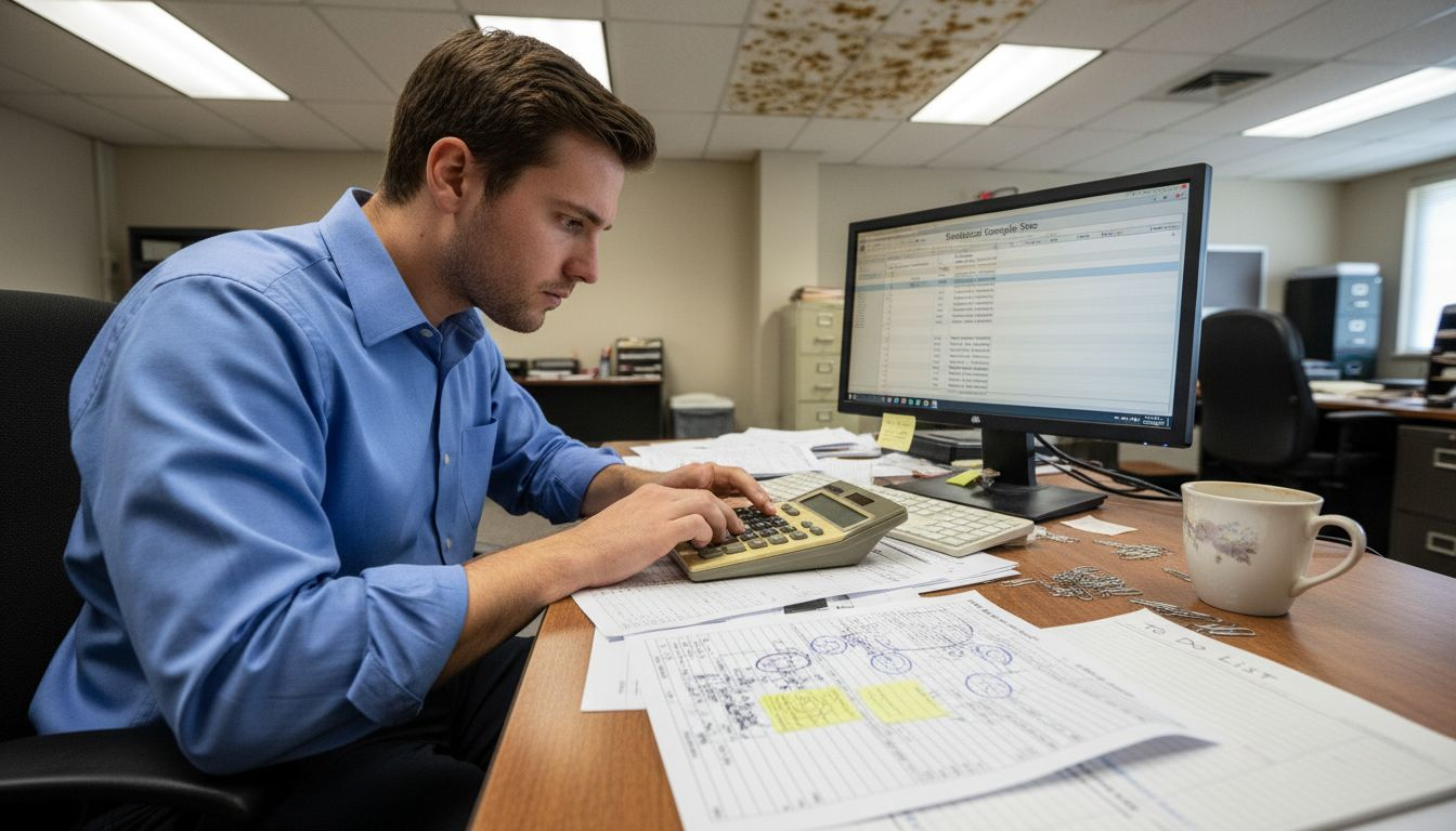Analyst using calculator to determine sample size