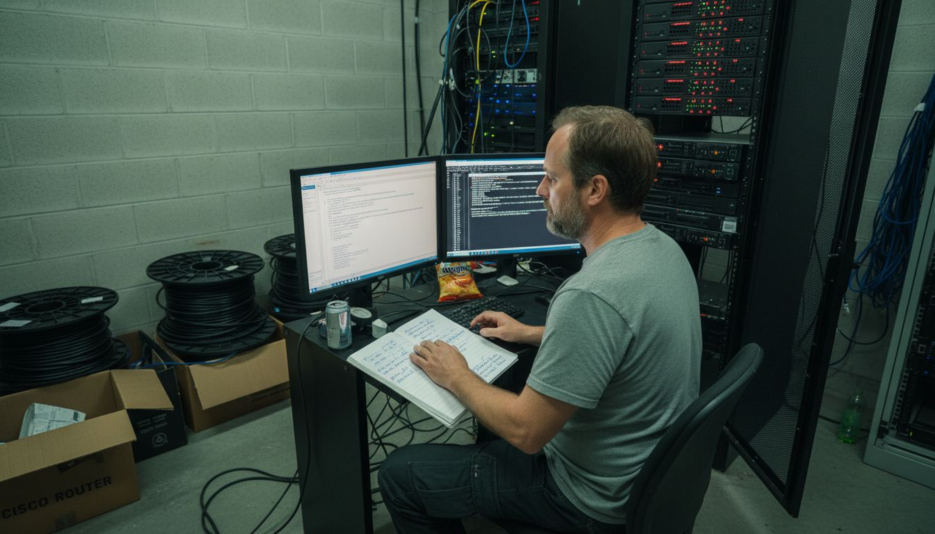 Admin checks logs near server rack and monitors