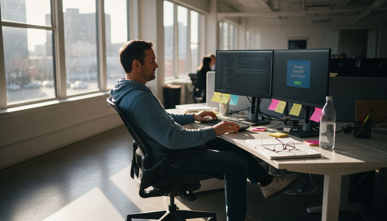 Developer reviewing feature update notification