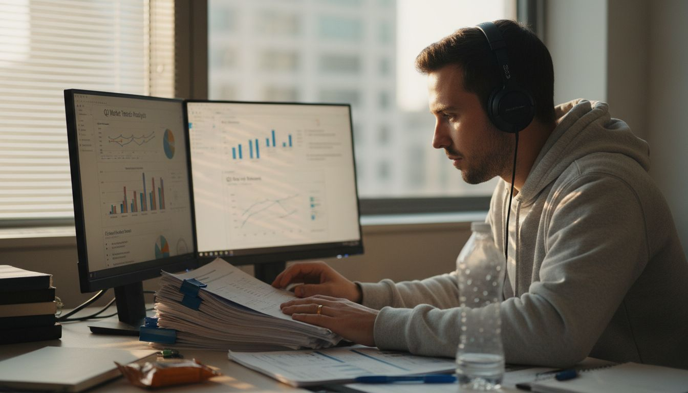 Analyst examining market signal charts at desk