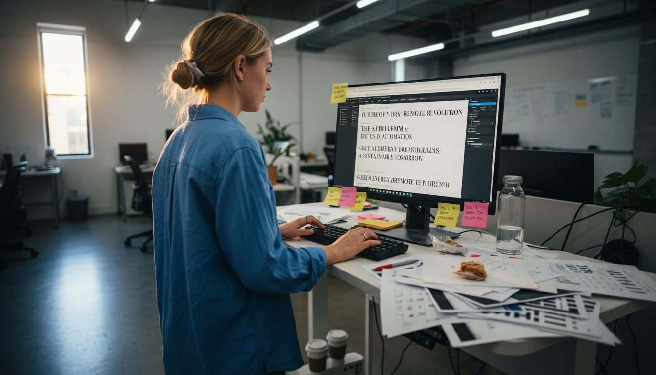 Woman creating headline variants at desk
