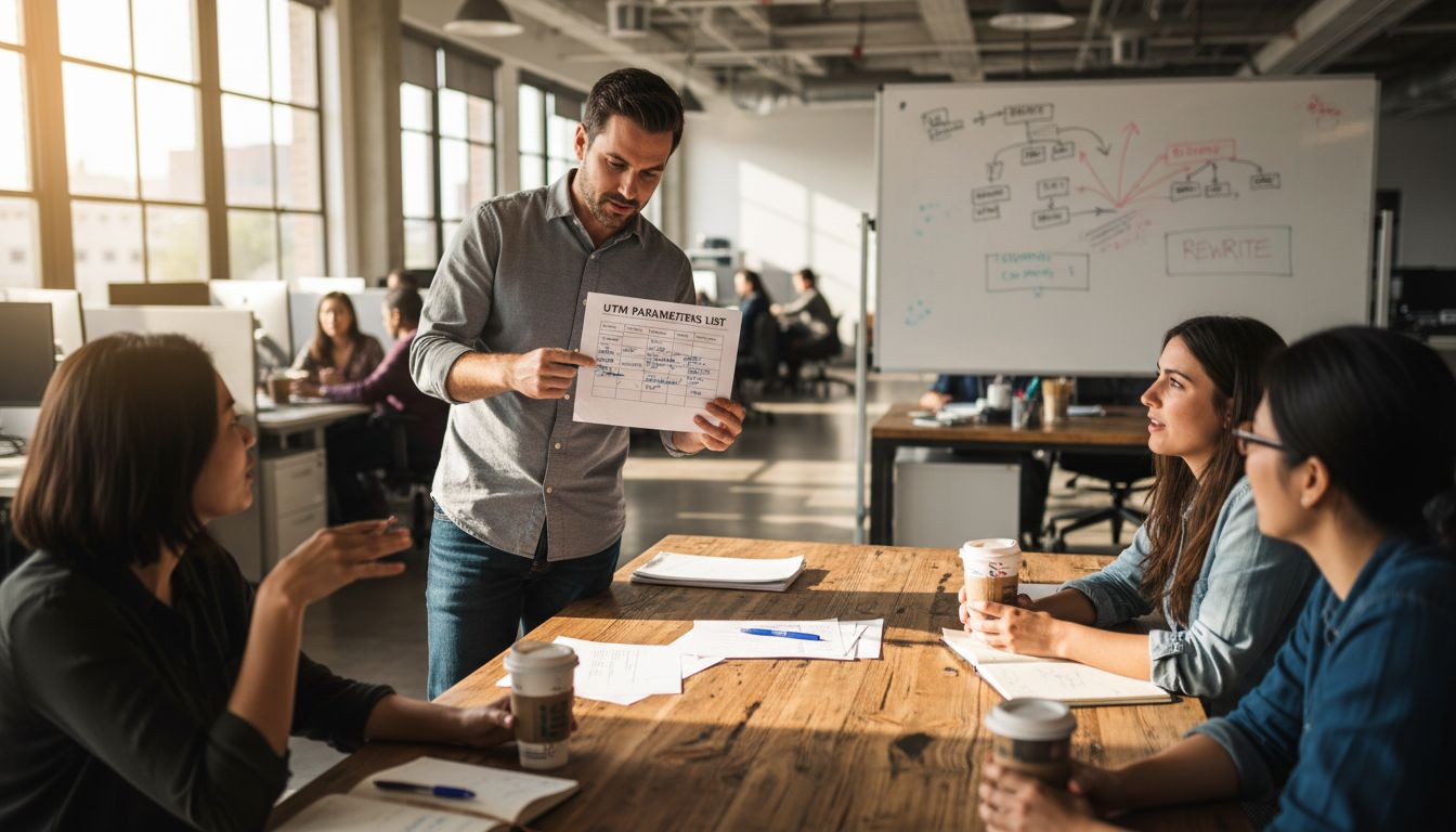 Team reviewing printed UTM parameter list