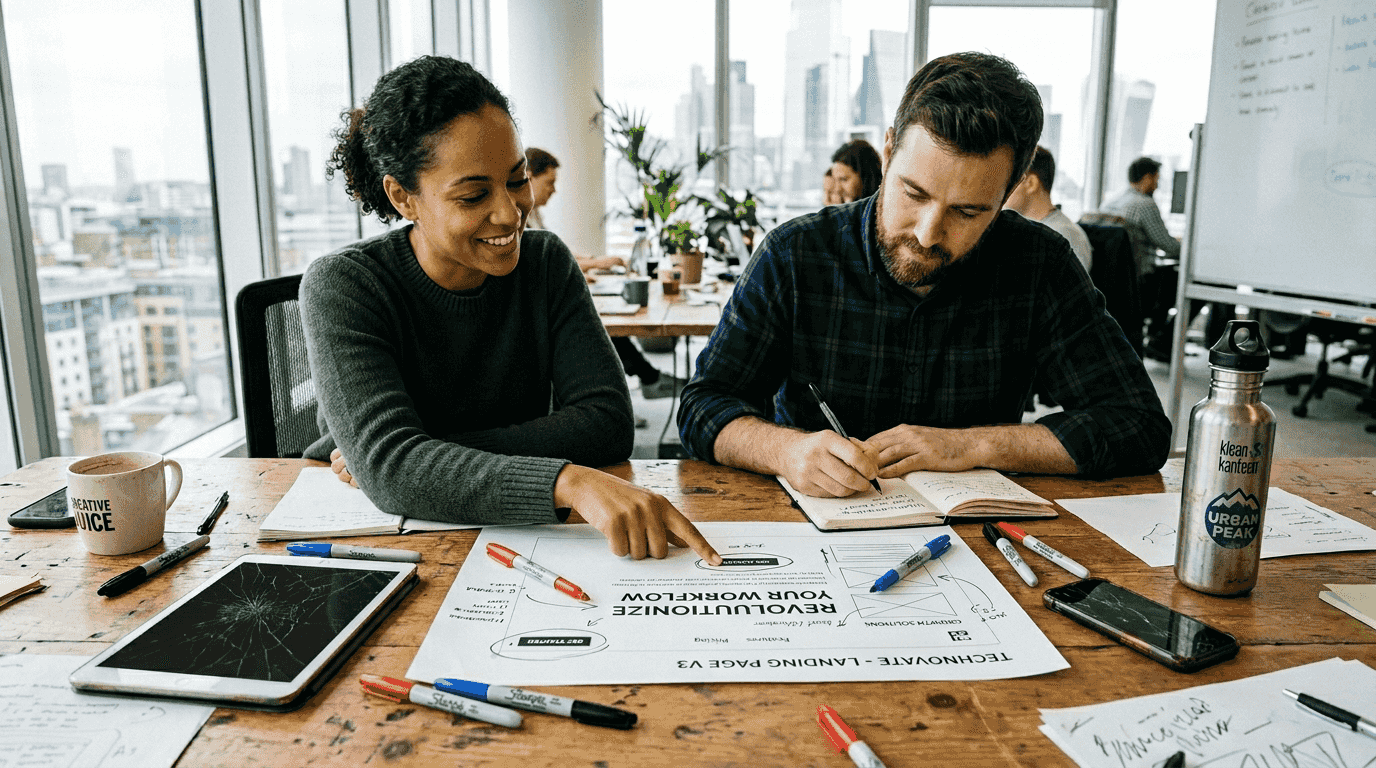 Team reviewing landing page mockup together