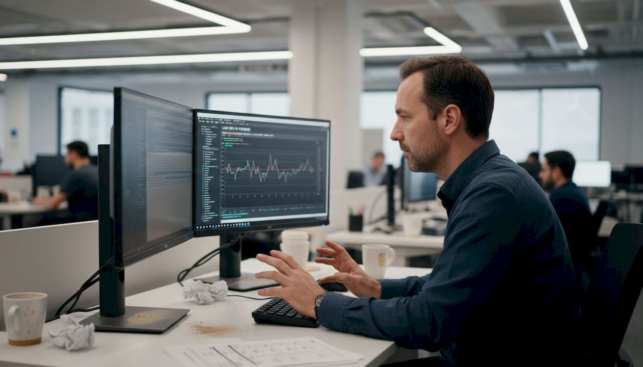 Engineer performing website load test at desk