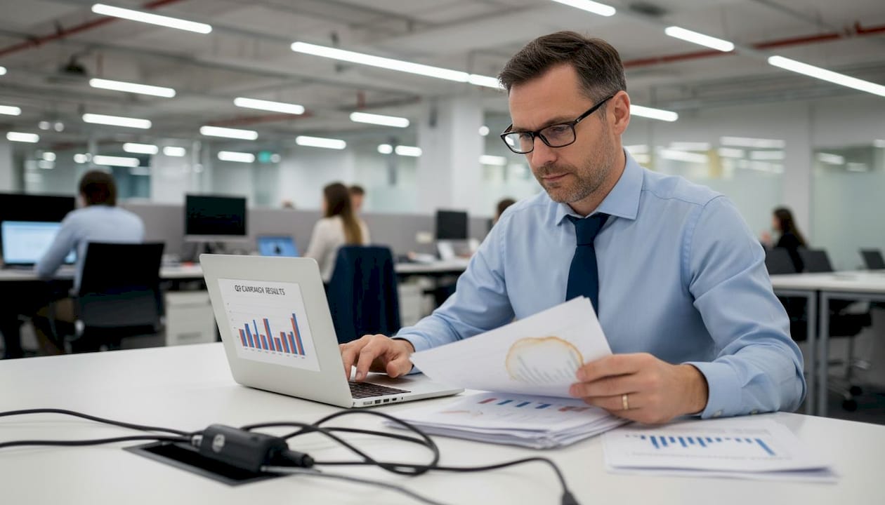 Marketer reviewing A/B test results under deadline