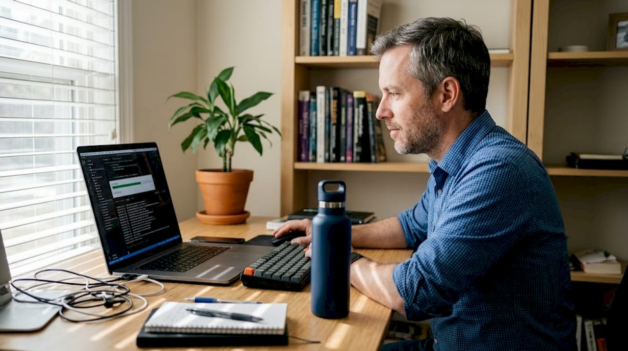 Man running automated web tests at standing desk