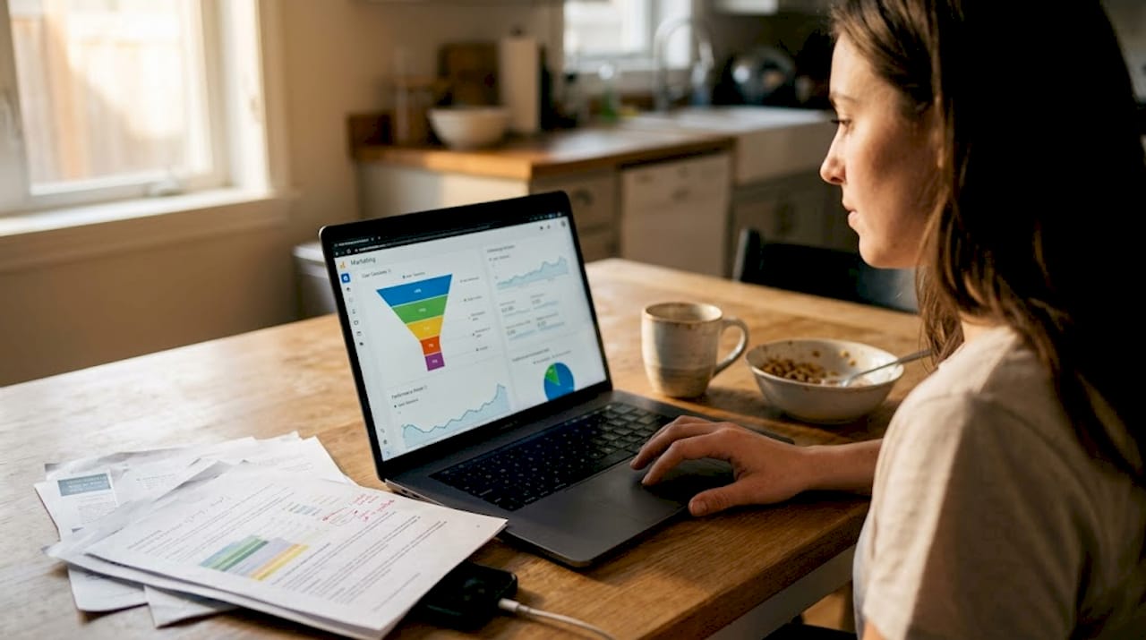 Woman reviewing app analytics at kitchen table