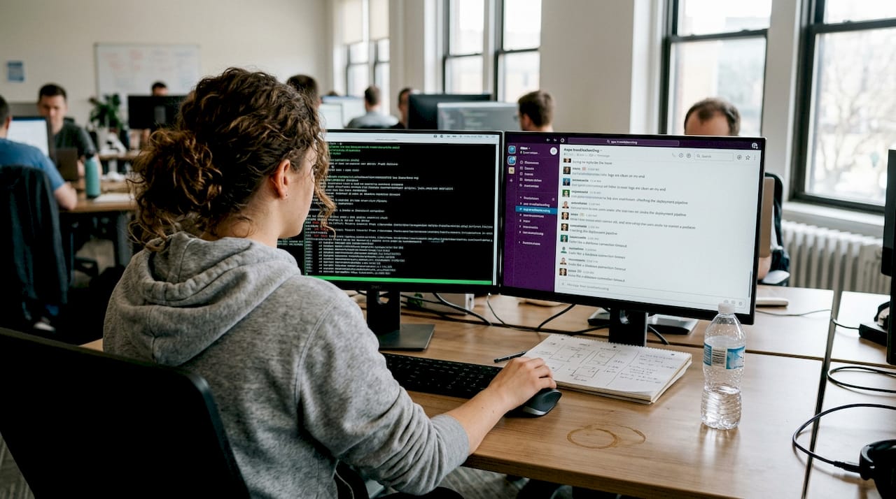 Engineer troubleshooting staging server performance