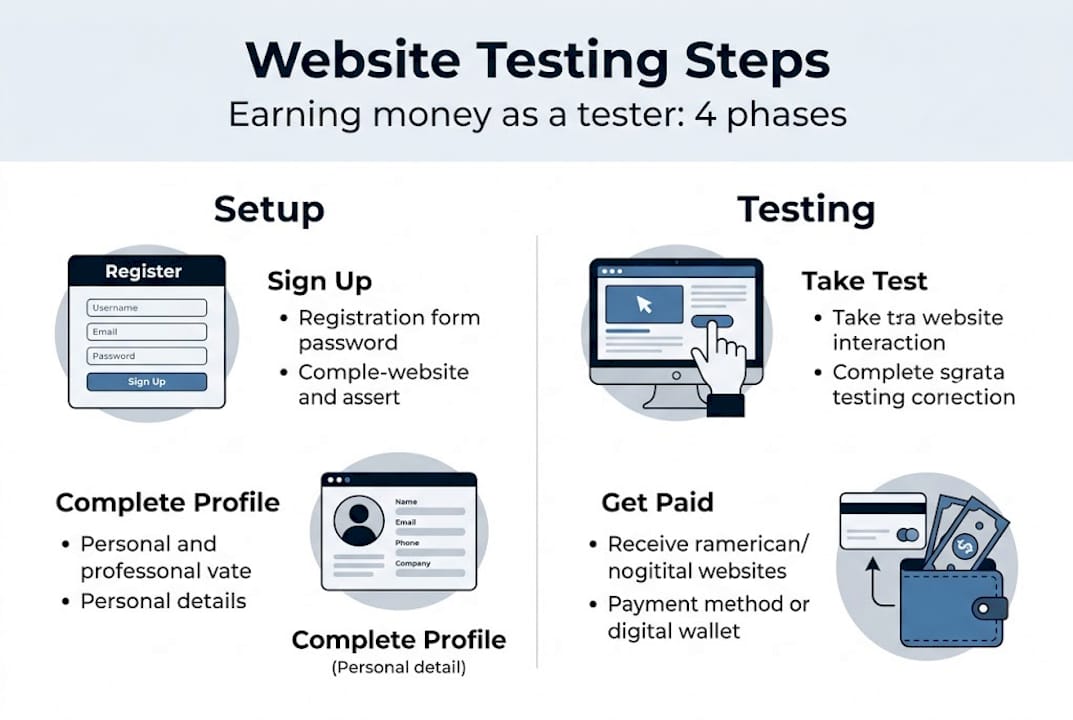 Infographic summarizing steps to earn by website testing