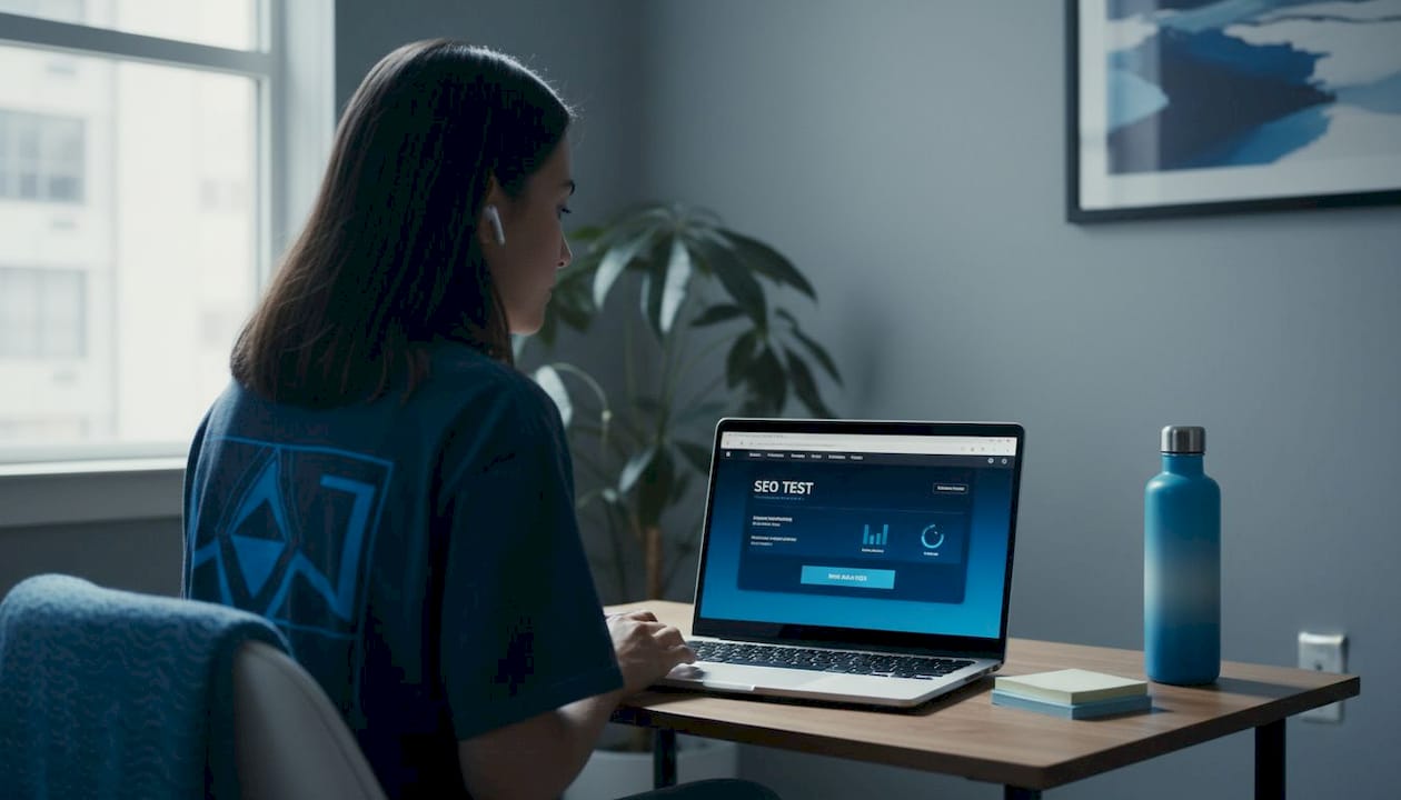 Woman performing SEO test on home laptop