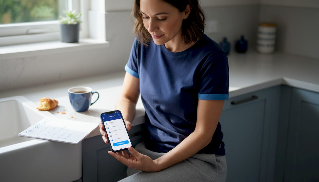 Woman using smartphone to shop online in kitchen