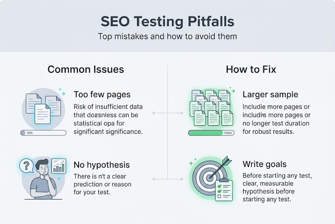 Infographic showing SEO testing pitfalls and solutions