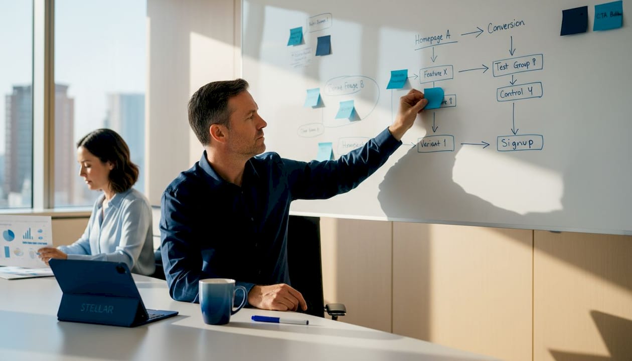 Analyst mapping web test variants on whiteboard