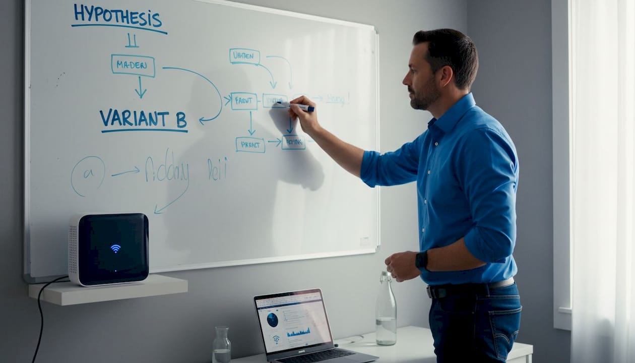 Man documenting A/B test setup on whiteboard
