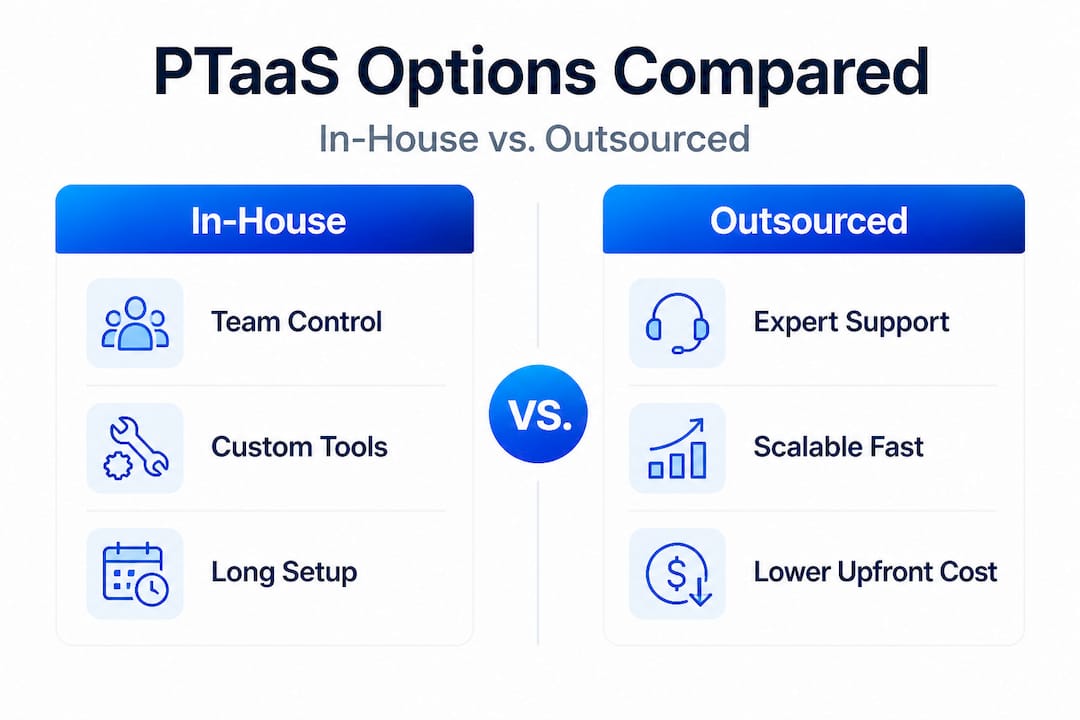 Infographic contrasting in-house vs outsourced PTaaS