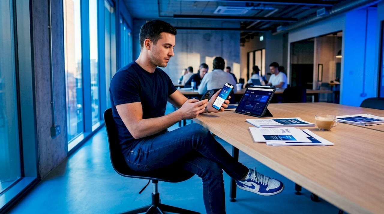Man testing mobile landing page workflow