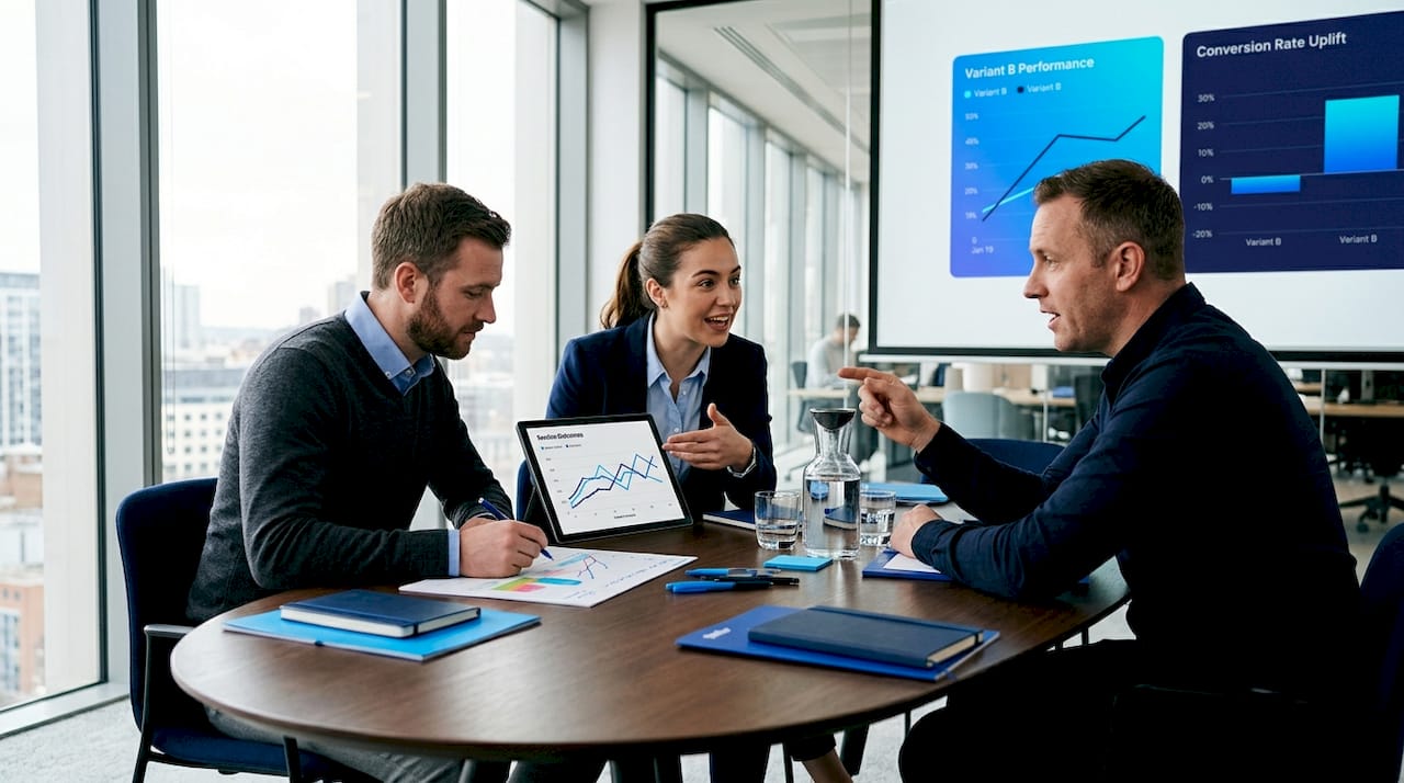 Team evaluating A/B test data in conference room