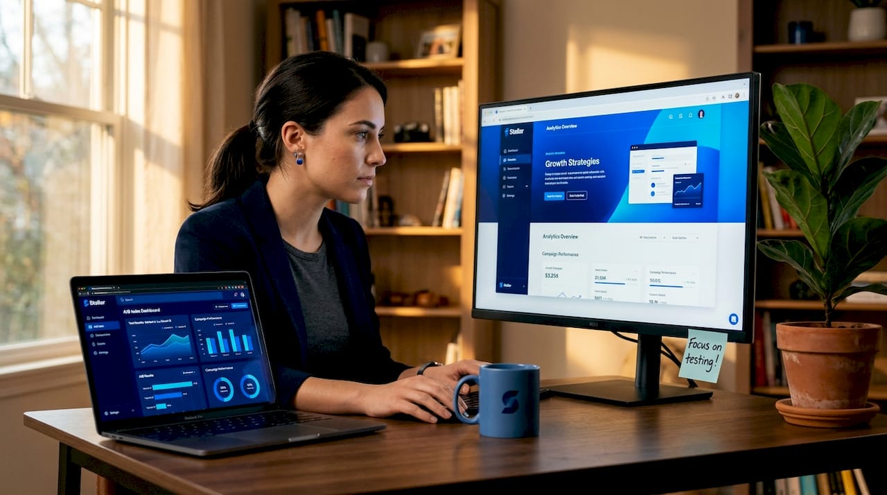 Marketer running website A/B test at home office