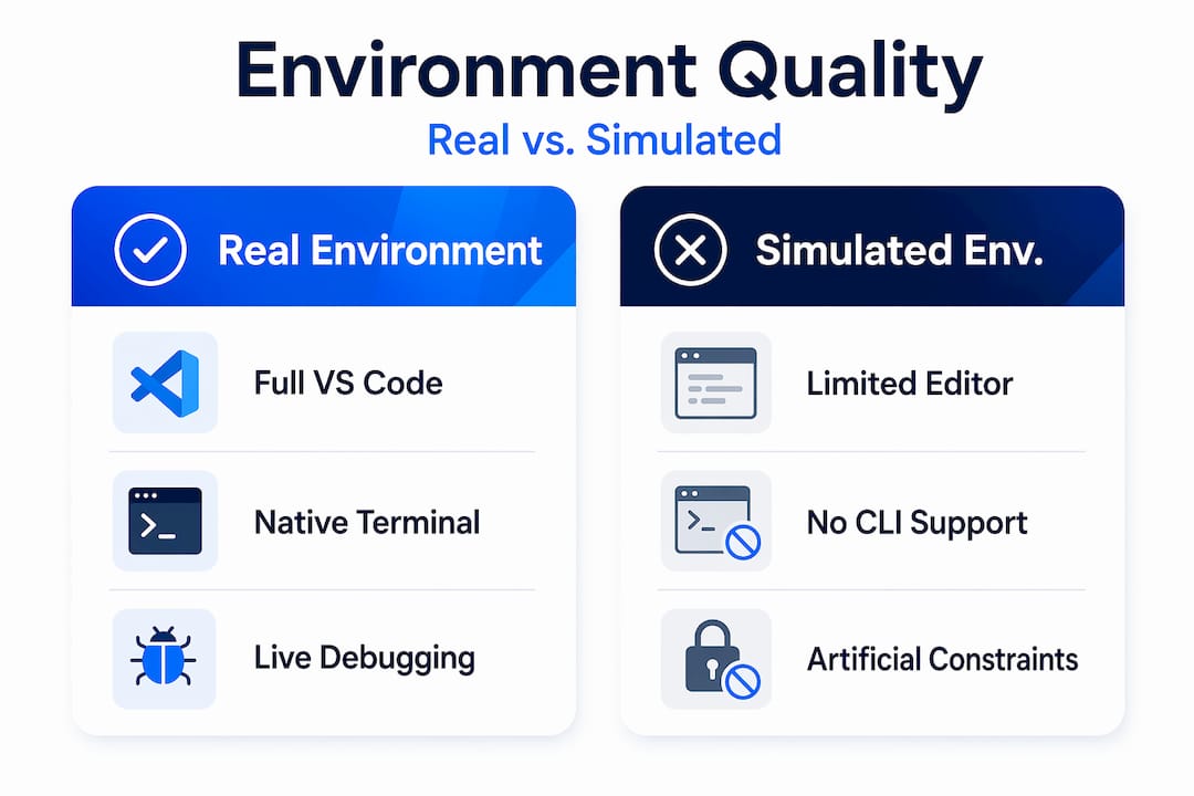 Infographic comparing real and simulated code environments