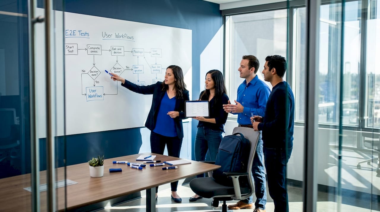 Software team mapping workflows on whiteboard