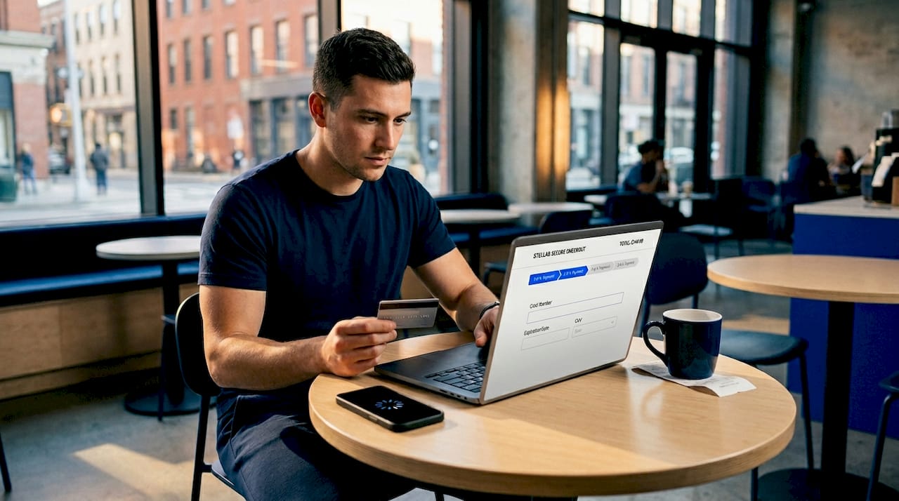 Man navigating multi-step online checkout