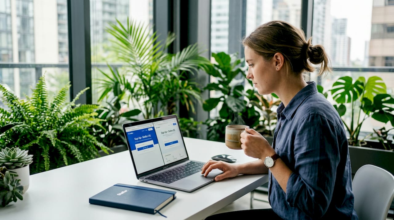 Analyst comparing two webpage versions on laptop
