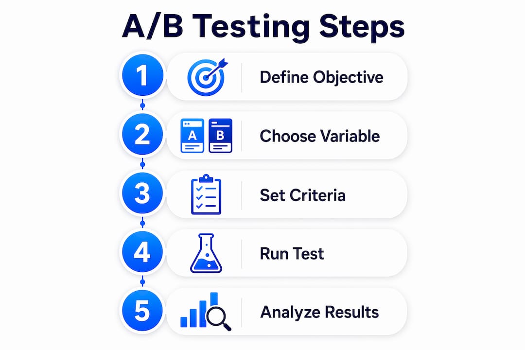 Infographic showing step-by-step web A/B testing process