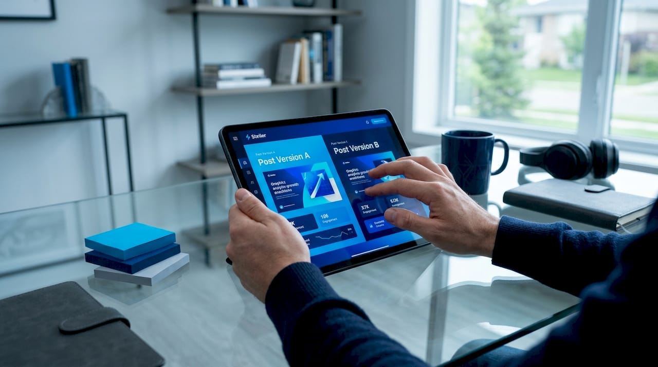 Hands controlling LinkedIn A/B test interface on tablet